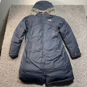 The North Face Women's L Goose Down Long Parka Jacket Black Hooded Insulated